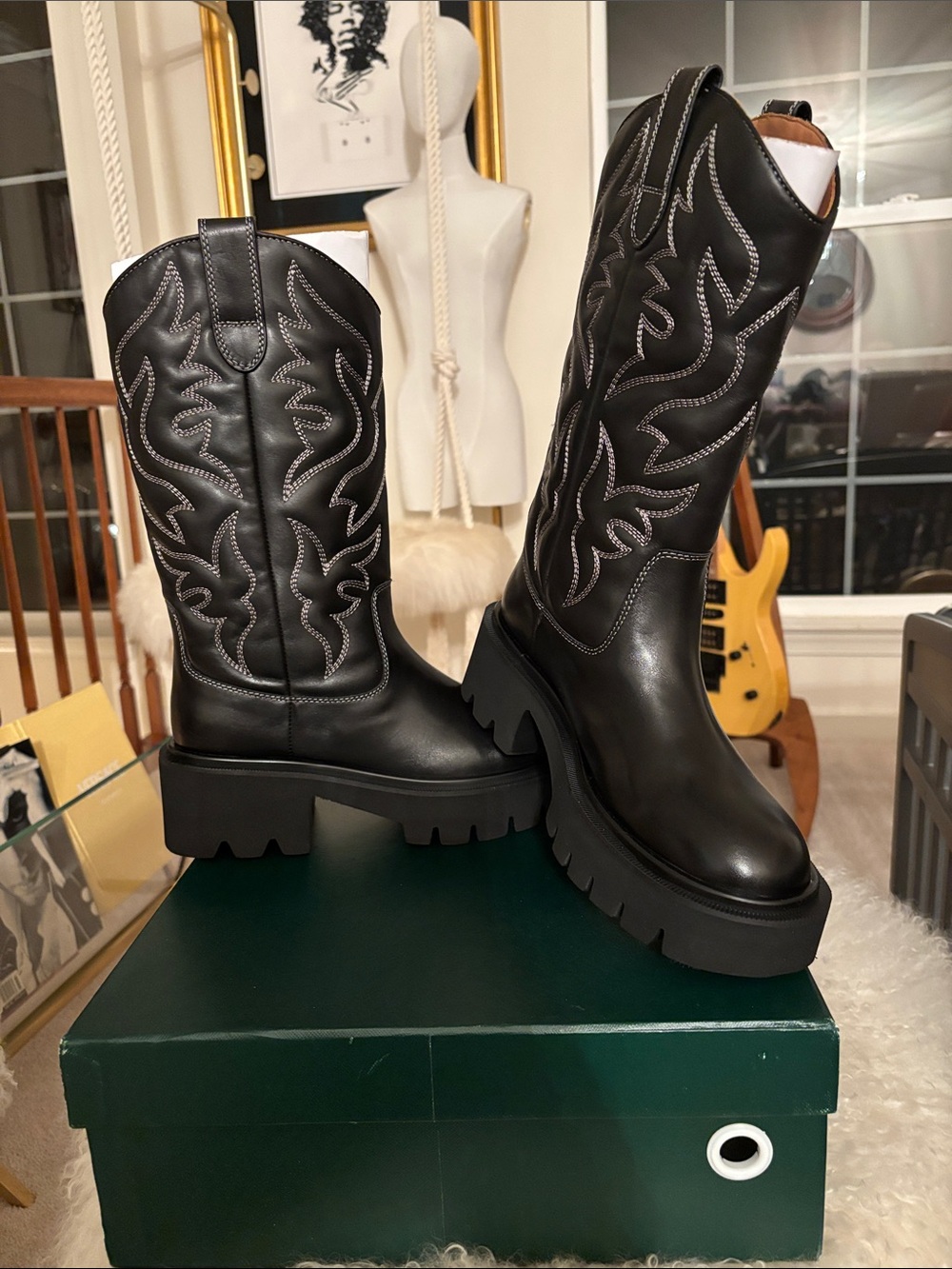 Chunky Black Leather Western Combat Boots